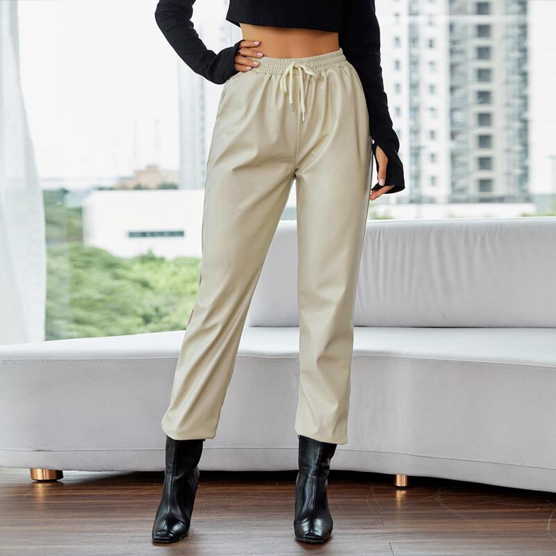 

Knot Waist PU Leather Pants, Khaki