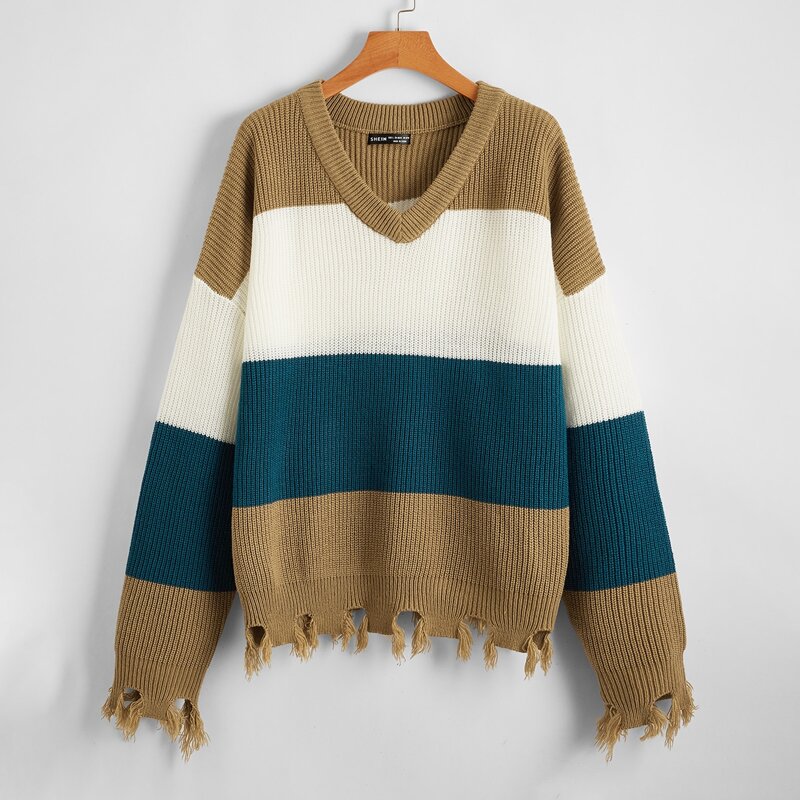 

Drop Shoulder Colorblock Ripped Hem Sweater, Multicolor