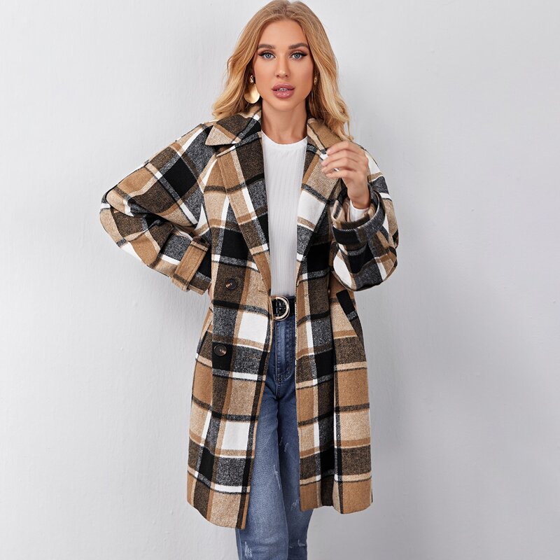 

Notched Collar Buttoned Front Plaid Coat, Multicolor