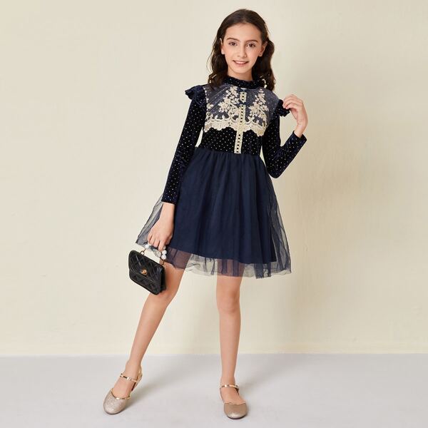 

Girls Bow Detail Embroidery Mesh Yoke Velvet Bodice Mesh Hem Dress, Navy blue