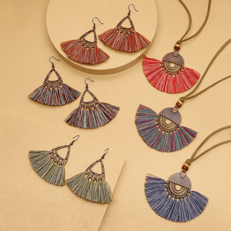 

3pairs Tassel Drop Earrings & 3pcs Necklace, Multicolor