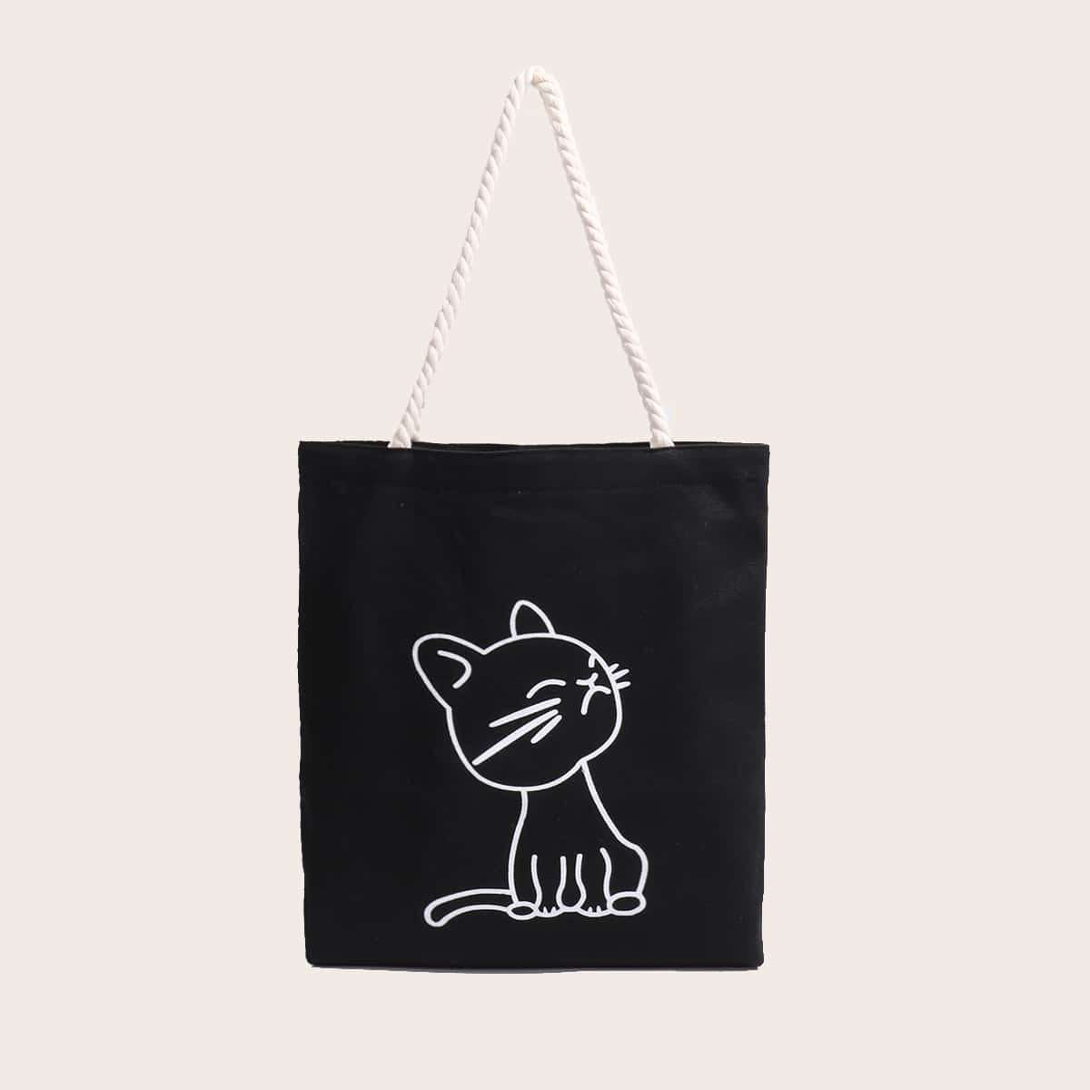

Cat Graphic Shopper Bag, Black