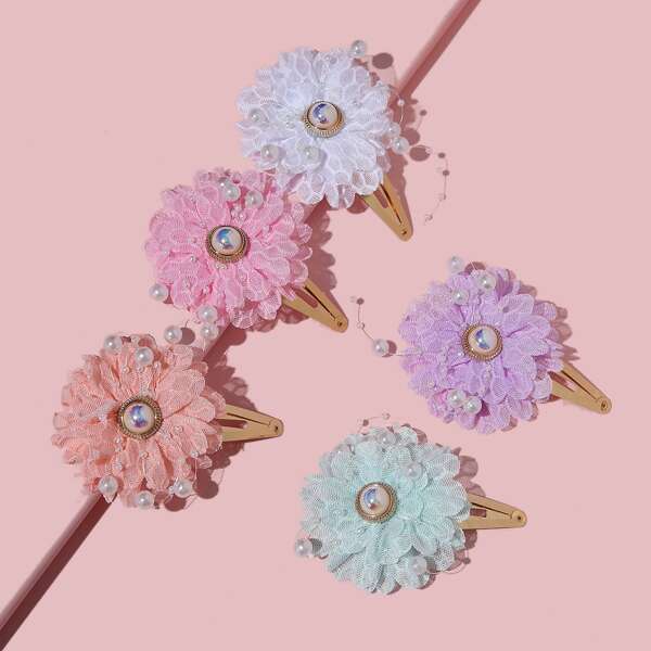 

5pcs Girls Mesh Flower Decor Hair Clip, Multicolor