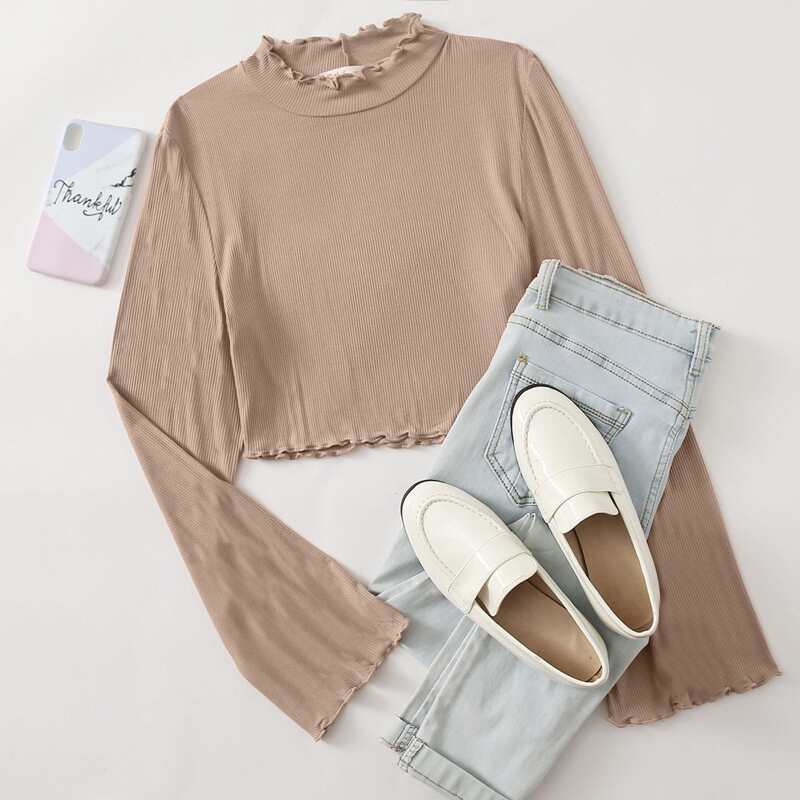 

Solid Mock Neck Lettuce Trim Crop Tee, Khaki