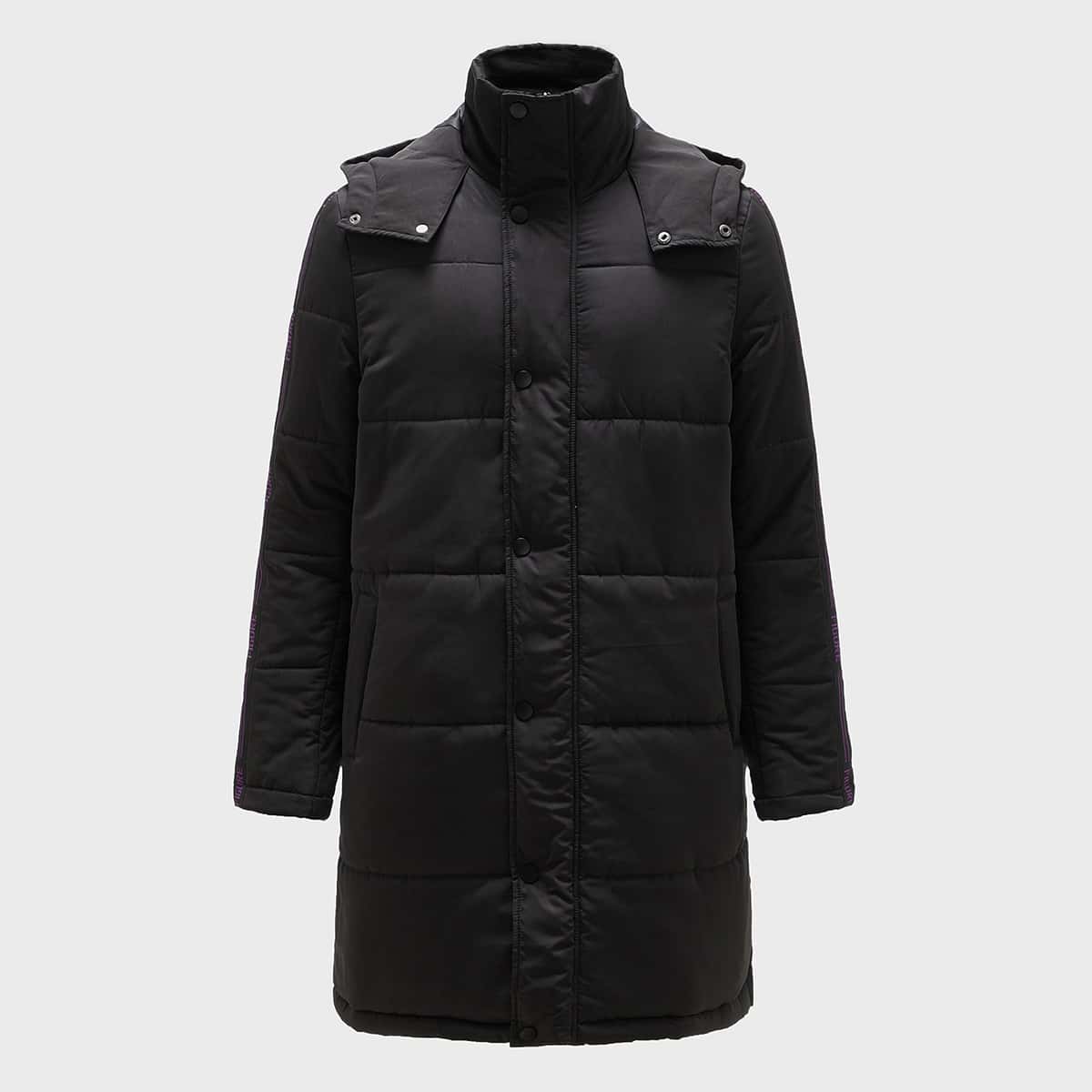 

Guys Buttoned Front Letter Tape Side Hooded Padded Coat, Black