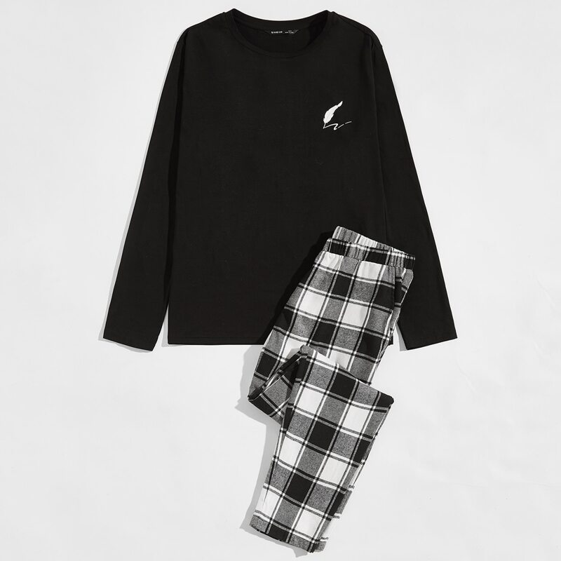 

Guys Feather Print Top & Plaid Pants PJ Set, Black and white