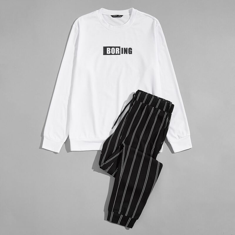 

Guys Letter Graphic Pullover & Striped Pants Set, Black and white