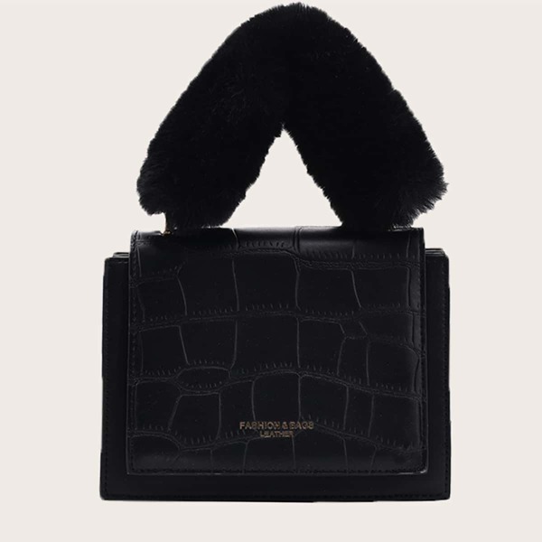 

Crocodile Fluffy Handle Satchel Bag, Black