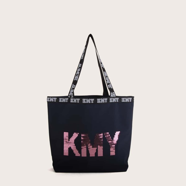 

Sequins Letter Graphic Tote Bag, Black