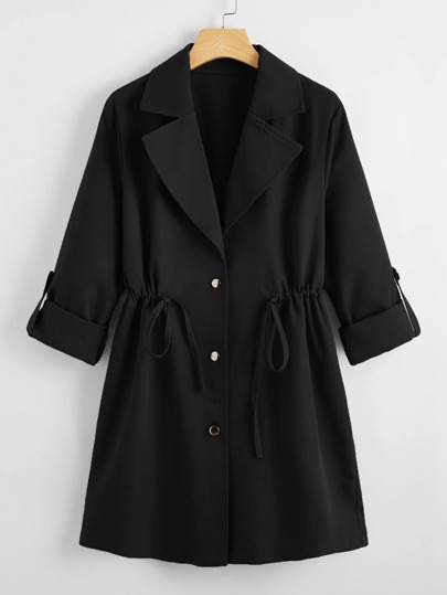 معطف بياقة وأكمام لف قابلة للتحكم ربطة الخصر, معاطف نسائية كاجوال ربيعية/خريفية, مصنوع من أقمشة سادة سوداء, مناسب للارتداء اليومي العادي