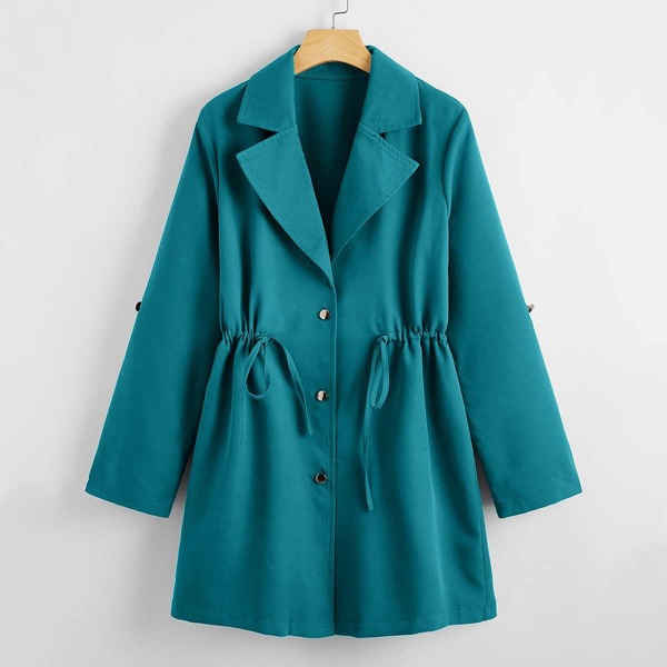 

Drawstring Waist Button Up Coat, Teal blue
