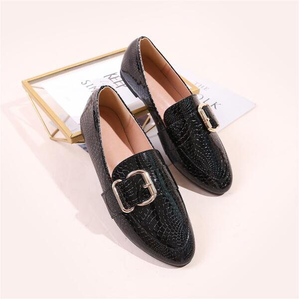 

Pin Buckle Decor Croc Embossed Loafers, Black