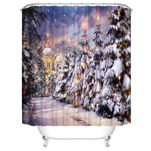 

Christmas Tree Print Shower Curtain With 12hooks, Multicolor