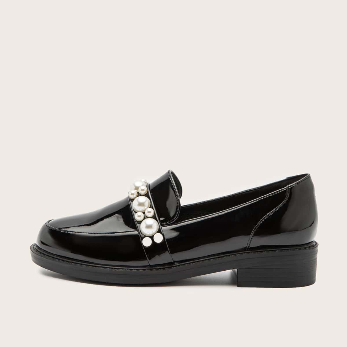 

Faux Pearl Decor Loafers, Black