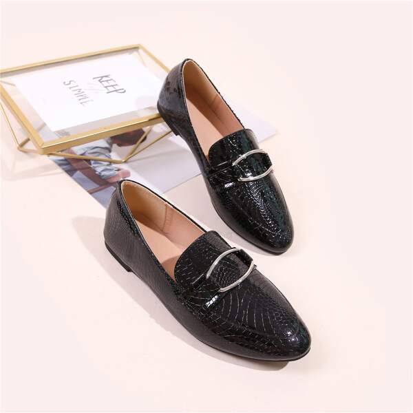 

Metal Decor Croc Embossed Loafers, Black