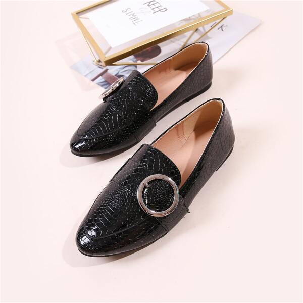 

Pin Buckle Decor Croc Embossed Loafers, Black