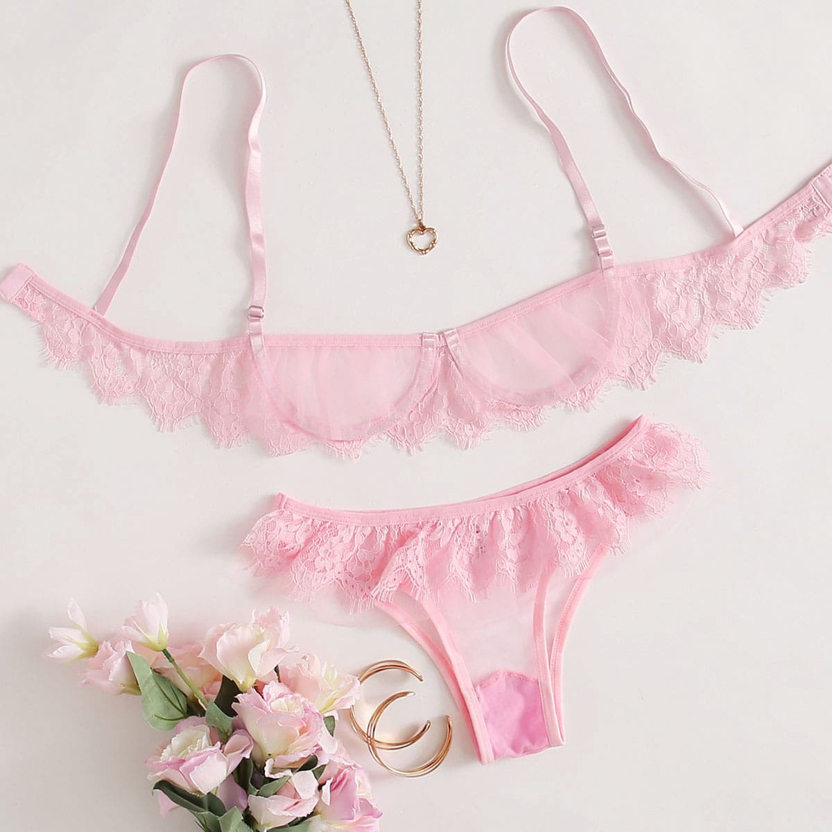 

Eyelash Floral Lace Underwire Lingerie Set, Baby pink