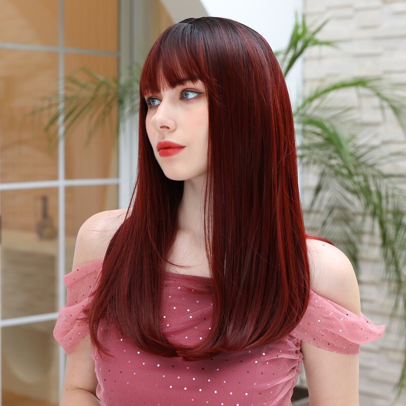 

Natural Long Wig With Bangs, Burgundy