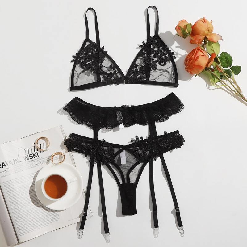

Floral Applique Mesh Garter Lingerie Set, Black