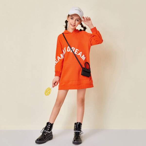 

Girls Neon Orange Letter Pattern Hooded Sweatshirt Dress, Orange neon