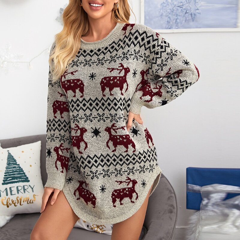 

Drop Shoulder Christmas Pattern Sweater Dress, Grey