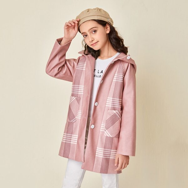 

Girls Raglan Sleeve Button Placket Hooded Plaid Coat, Dusty pink