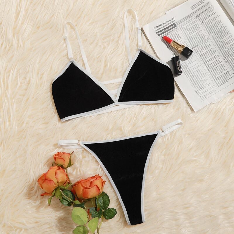 

Contrast Binding Thong Lingerie Set, White