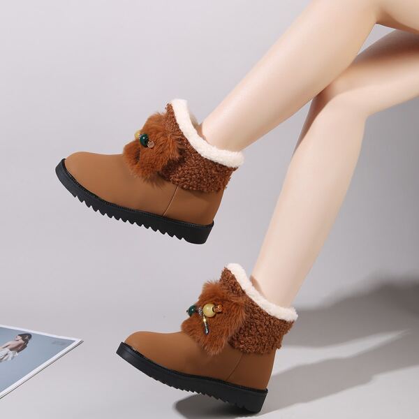 

Rhinestone Decor Fluffy Ankle Boots, Brown