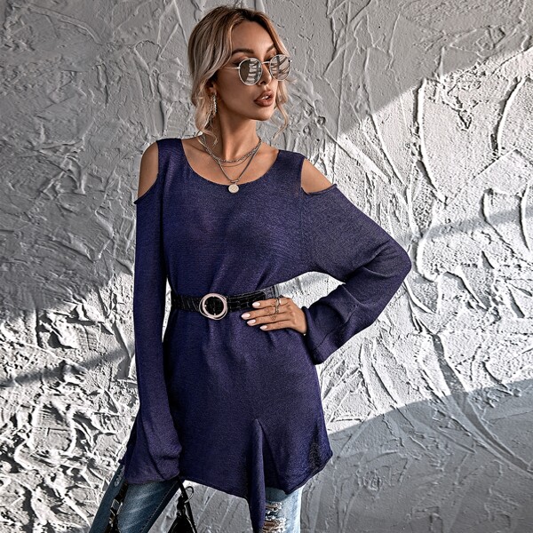 

Cold Shoulder Asymmetrical Hem Sweater Without Belt, Violet purple