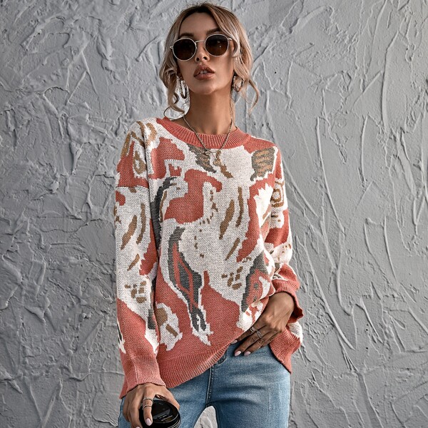 

Graphic Pattern Drop Shoulder Sweater, Multicolor