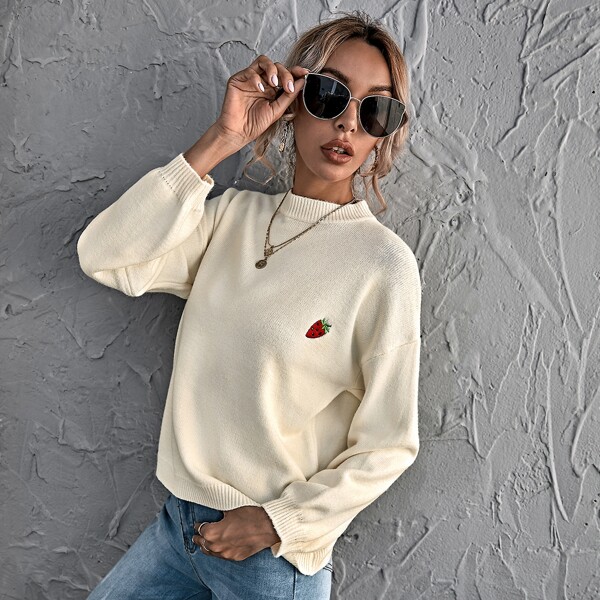 

Strawberry Embroidery Drop Shoulder Sweater, Beige