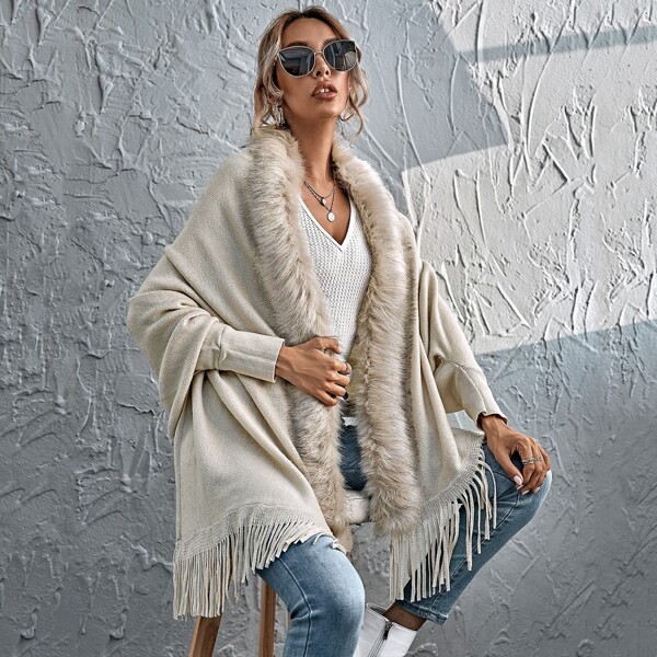 

Fringe Trim Cardigan, Beige