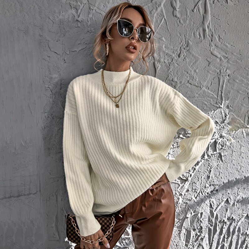 

Stand Collar Ribbed Knit Drop Shoulder Sweater, Beige