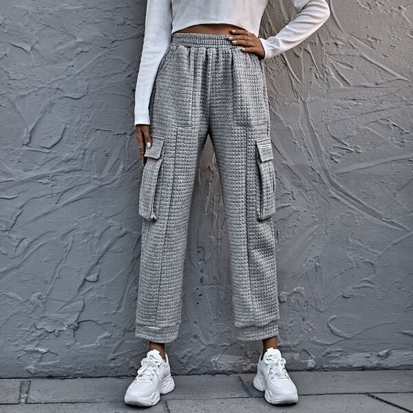 

Flap Pocket High Waist Solid Sweatpants, Grey