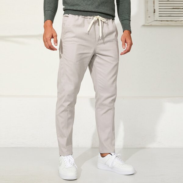 

Men Patched Slant Pocket Drawstring Pants, Light grey