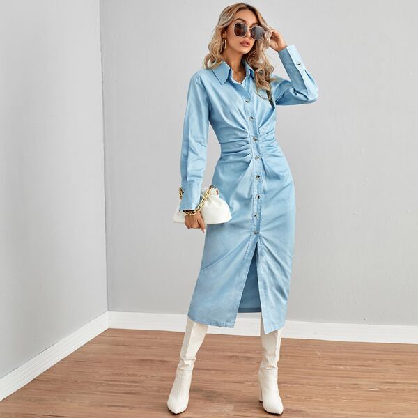 

Ruched Button Front Shirt Dress, Baby blue