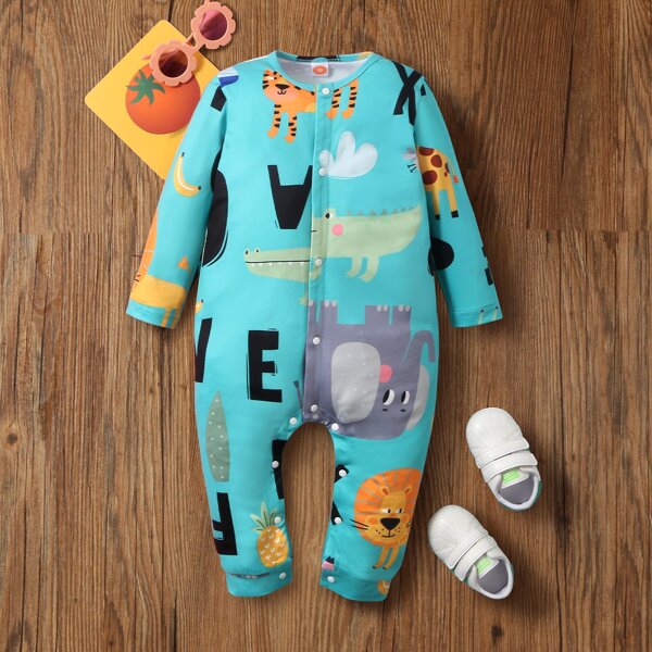 

Baby Unisex Cartoon Graphic Button Front Jumpsuit, Mint blue
