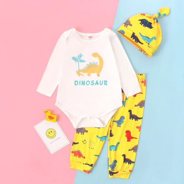 

Baby Girl Dinosaur And Letter Graphic Bodysuit With Pants With Hat, Multicolor