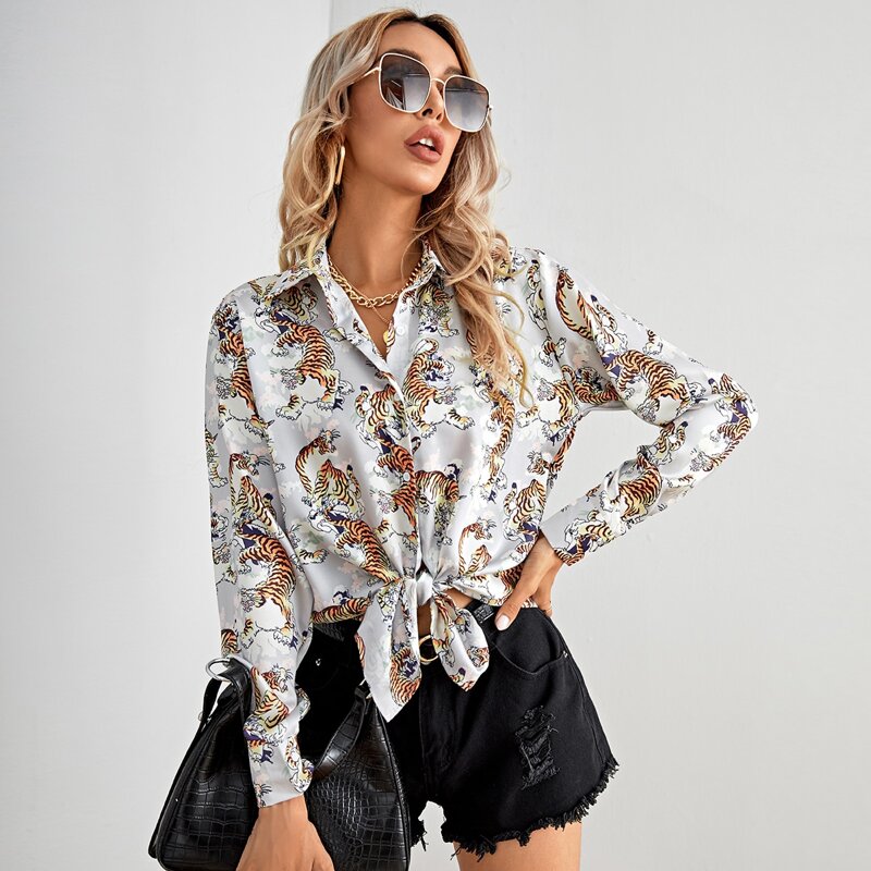

Tiger Print Button Up Longline Blouse, Multicolor