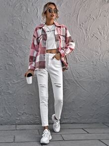 Sobrecamisa amplia con bolsillo con solapa de cuadros - Multicolor - Ver 5