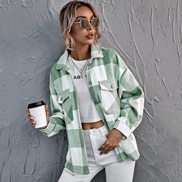 

Buffalo Plaid Flap Pockets Oversized Coat, Mint green