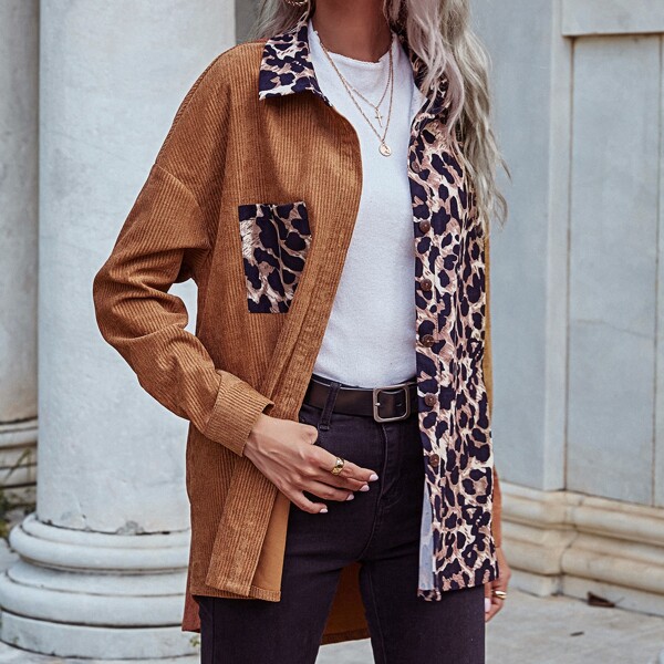 

Corduroy Leopard Spliced Drop Shoulder Coat, Multicolor
