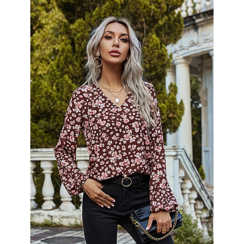

V-neck Allover Floral Print Blouse, Multicolor