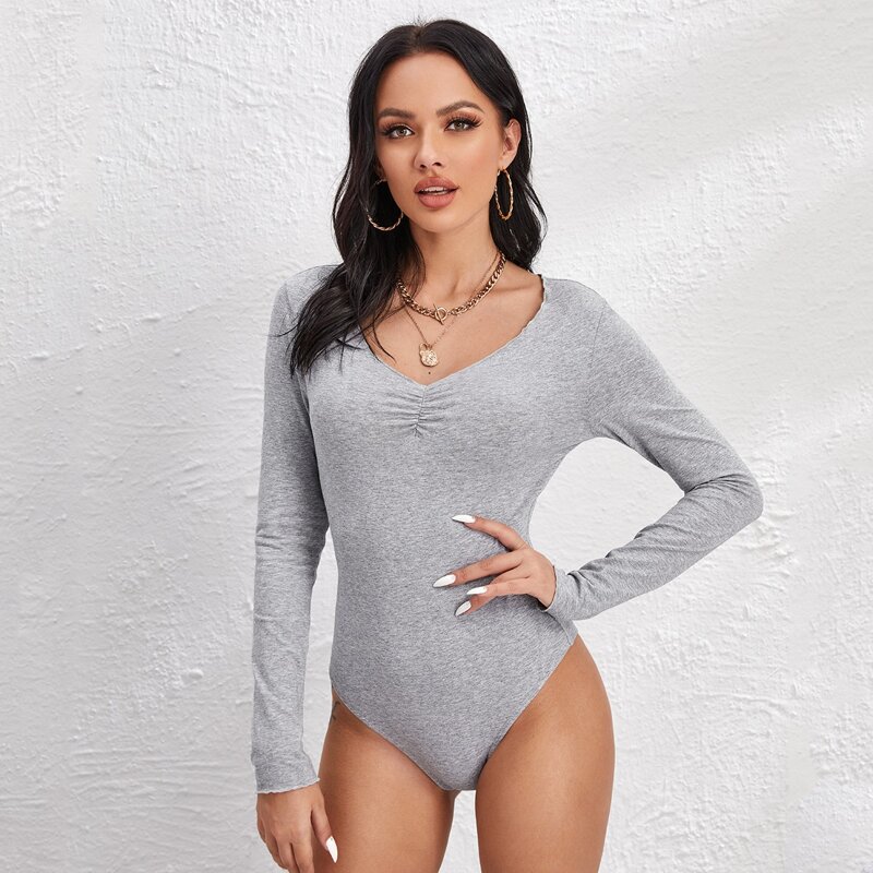 

Solid Ruched Detail Bodysuit, Light grey
