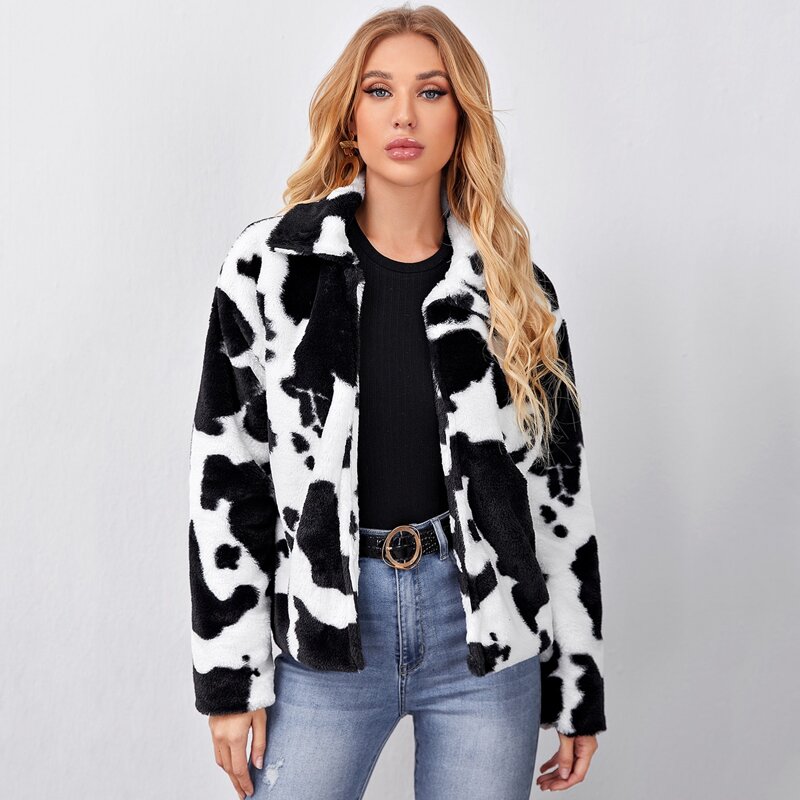 

Color Block Drop Shoulder Faux Fur Coat, Black and white