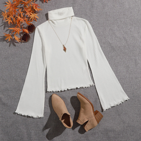 

Turtle Neck Bell Sleeve Lettuce Trim Rib-knit Top, White