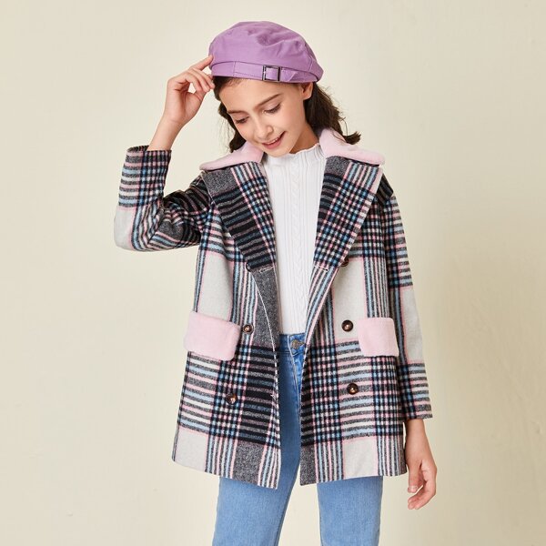 

Girls Notch Collar Fuzzy Detail Plaid Pea Coat, Multicolor