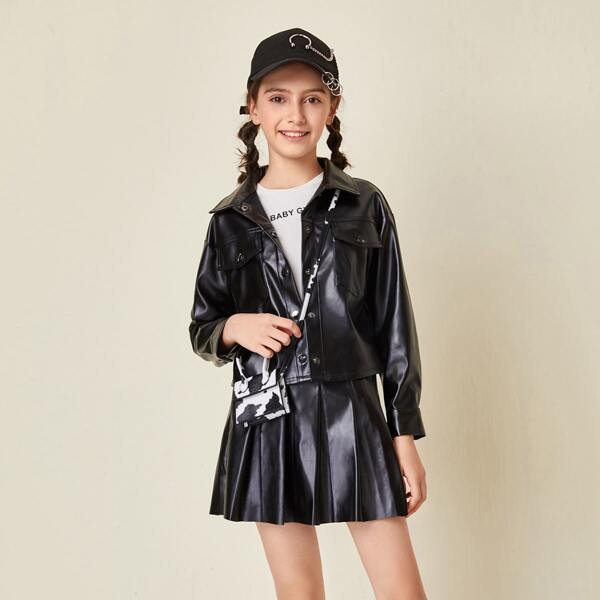 

Girls Flap Pocket Button Placket PU Jacket & Pleated Skirt Set, Black