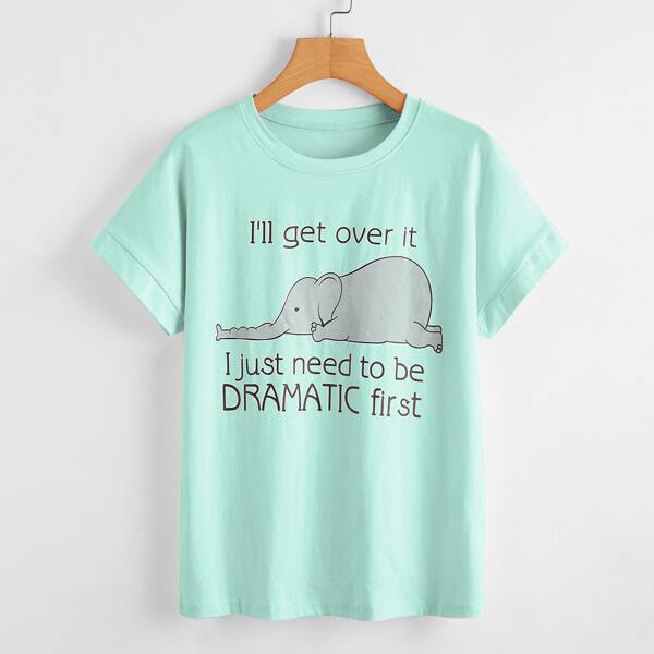

Plus Cartoon Elephant And Slogan Graphic Tee, Mint green
