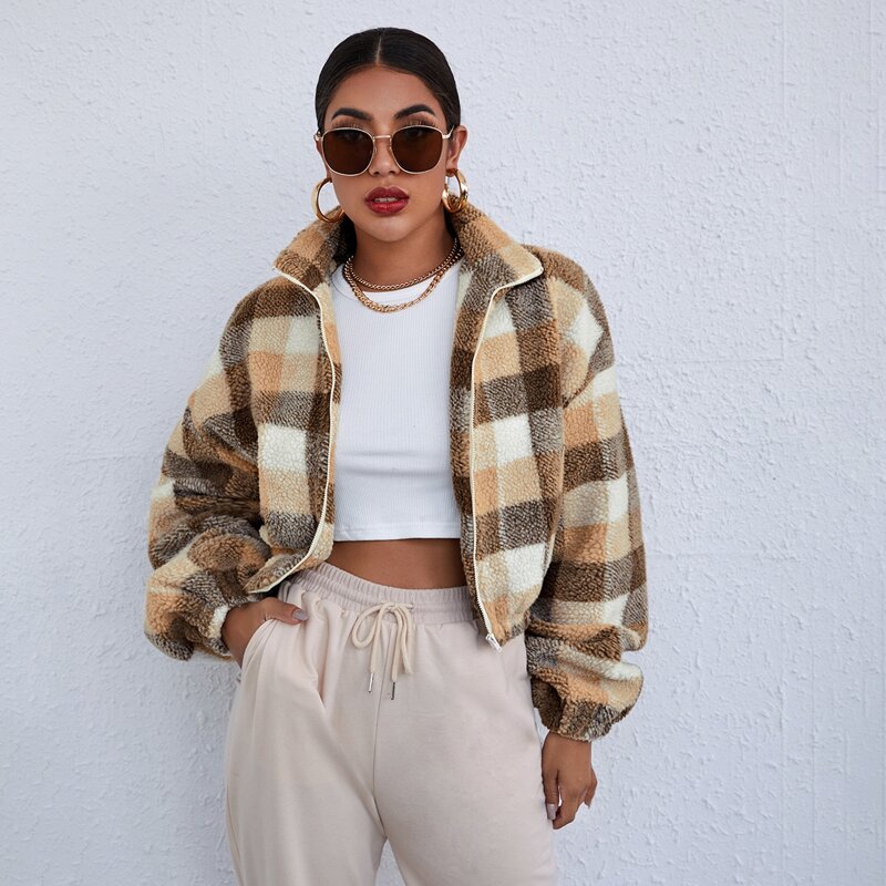 

Drop Shoulder Lantern Sleeve Plaid Teddy Jacket, Multicolor